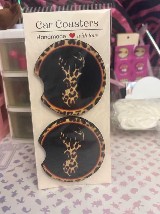 Leopard and Deer Print Car Coaster set.